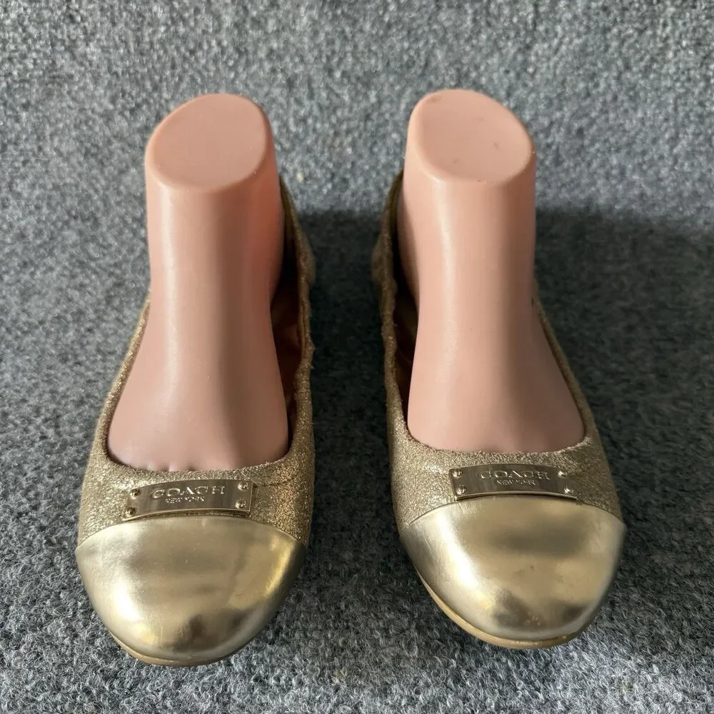 Coach Darsi Gold Metallic Slip-On Ballet Flat Logo Plate Cap Toe Shoe Size 8.5